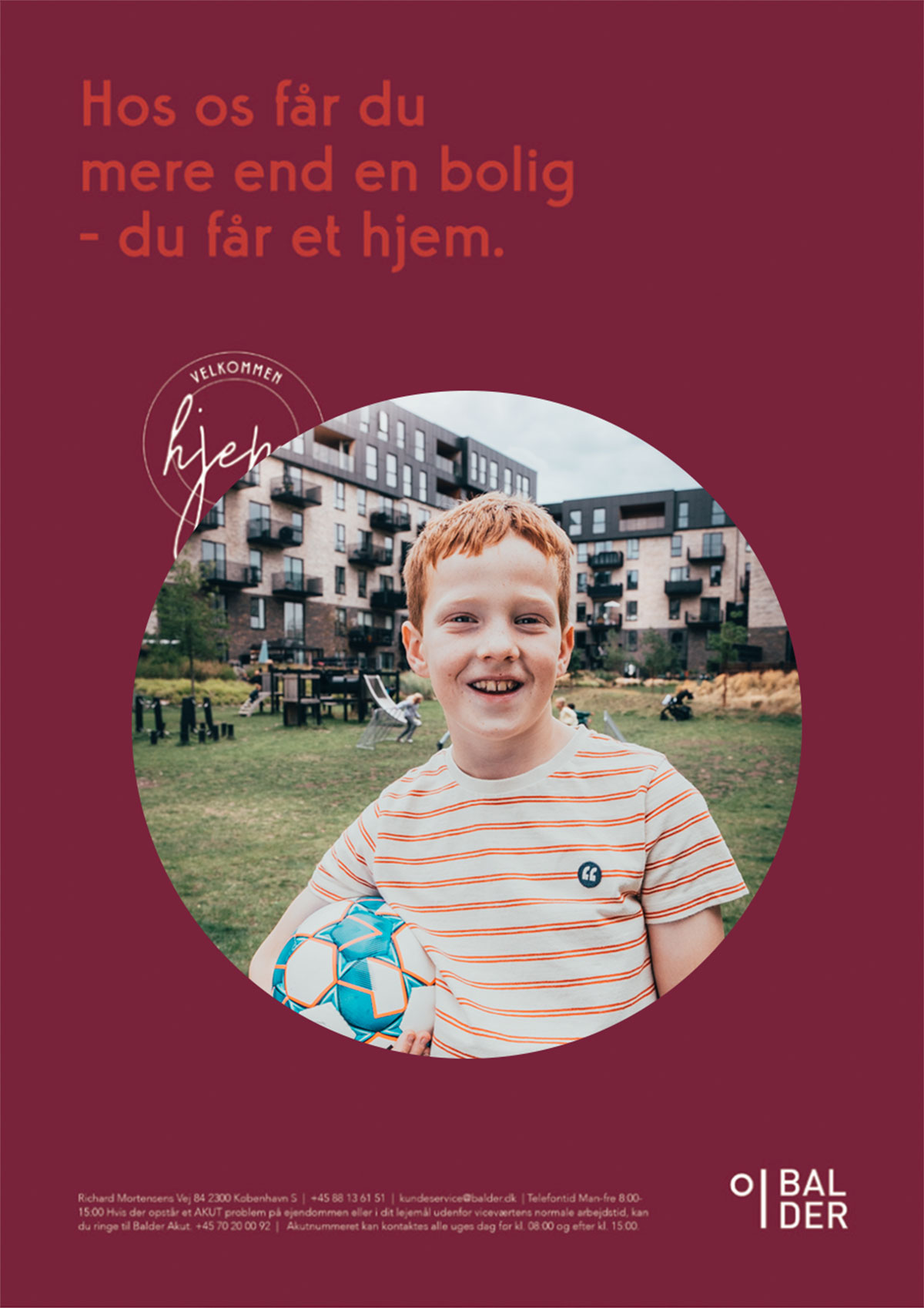 Advertisement from Balder showing a young boy standing with a soccer ball under his arm in front of some houses from Balder.