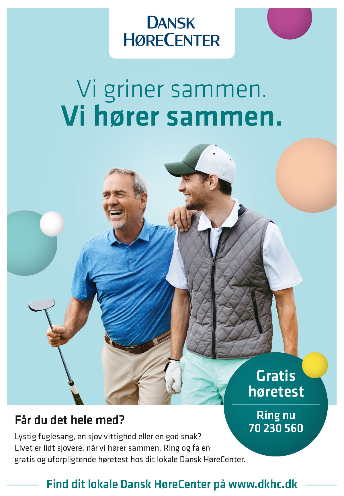 Advertisement from Dansk HøreCenter with a image of a son and father playing golf.