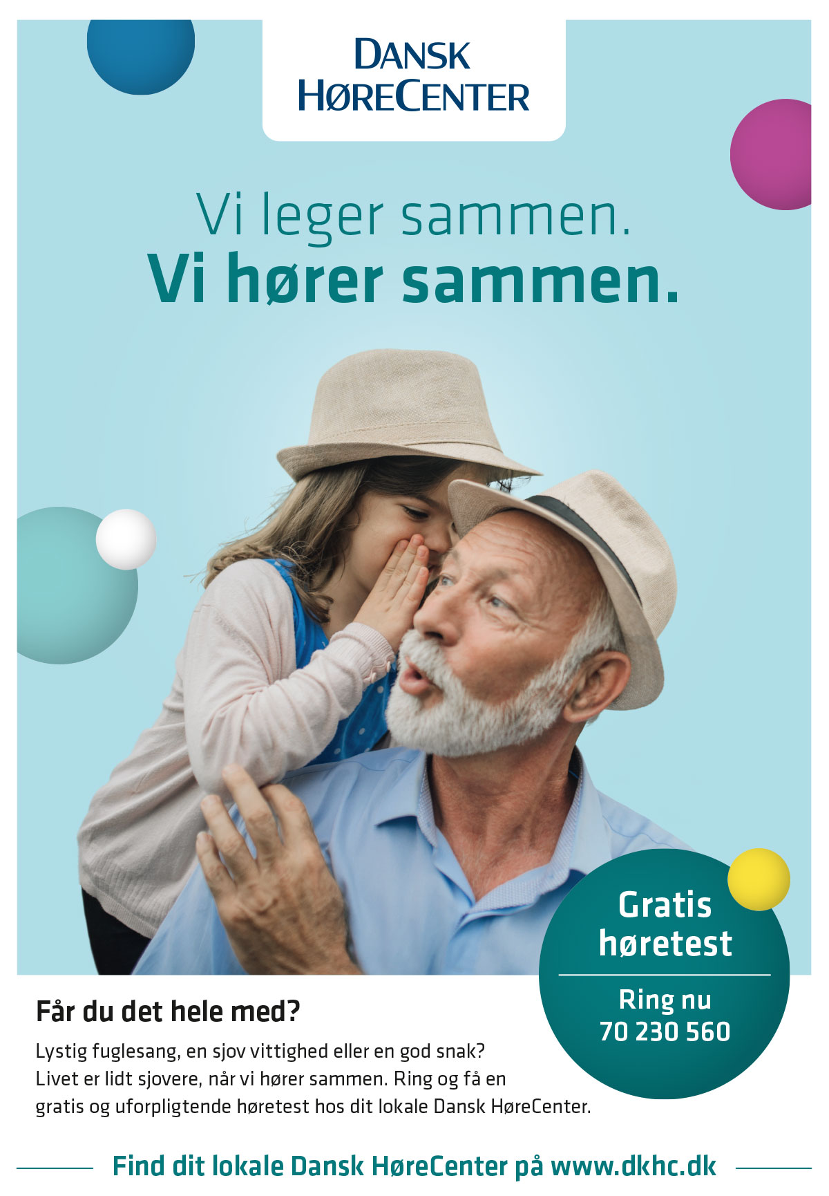 Advertisement from Dansk HøreCenter with a image of a granddaughter and her grandfather.