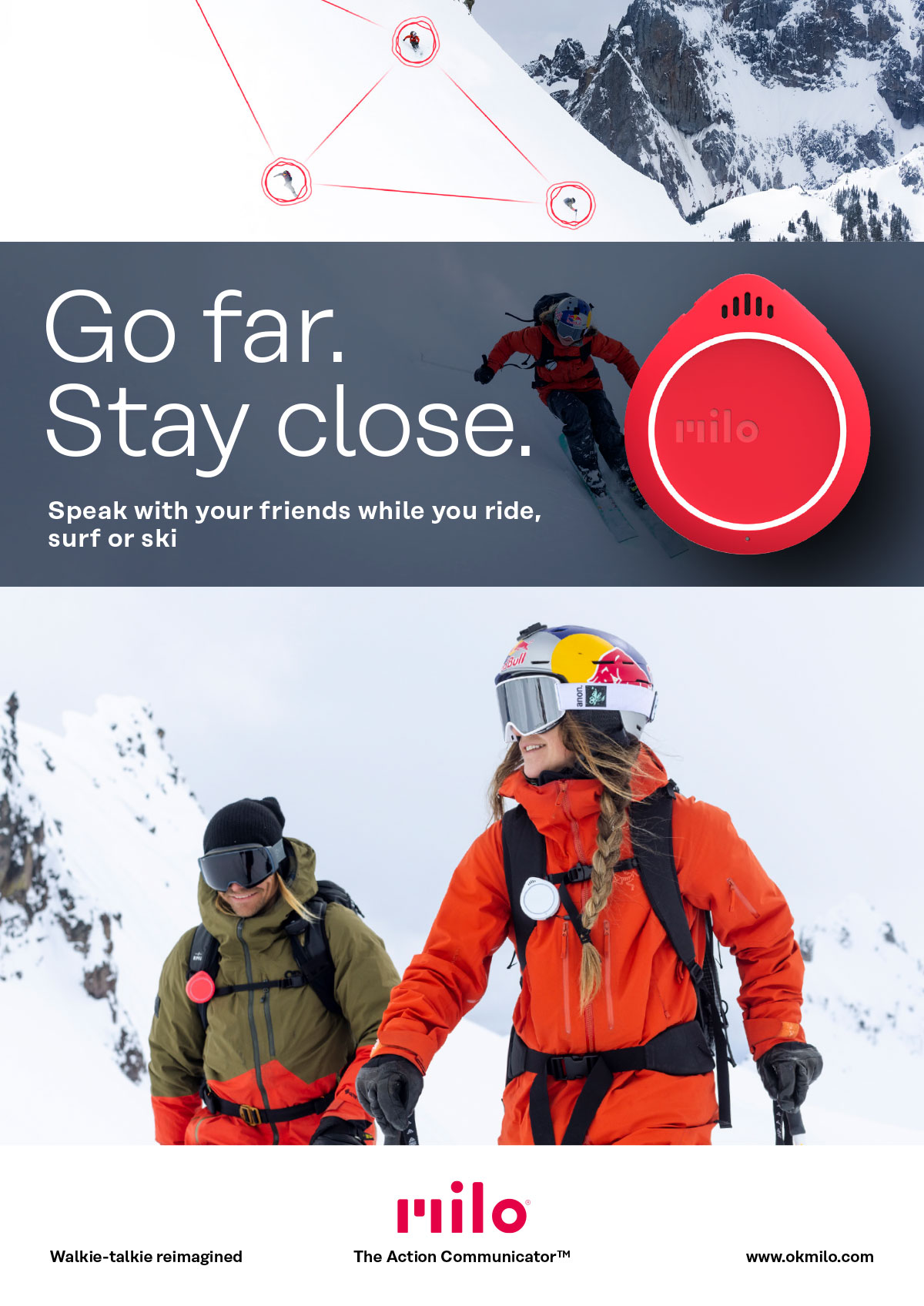 Advertisement from Milo showing people skiing.