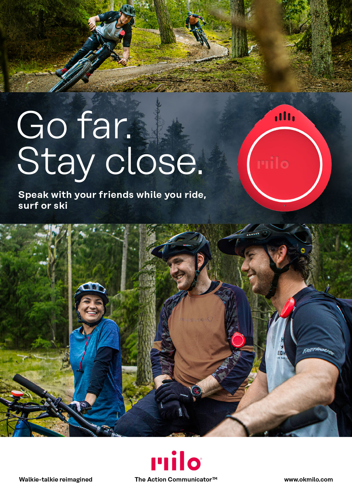 Advertisement from Milo showing 3 people on mountain bikes.